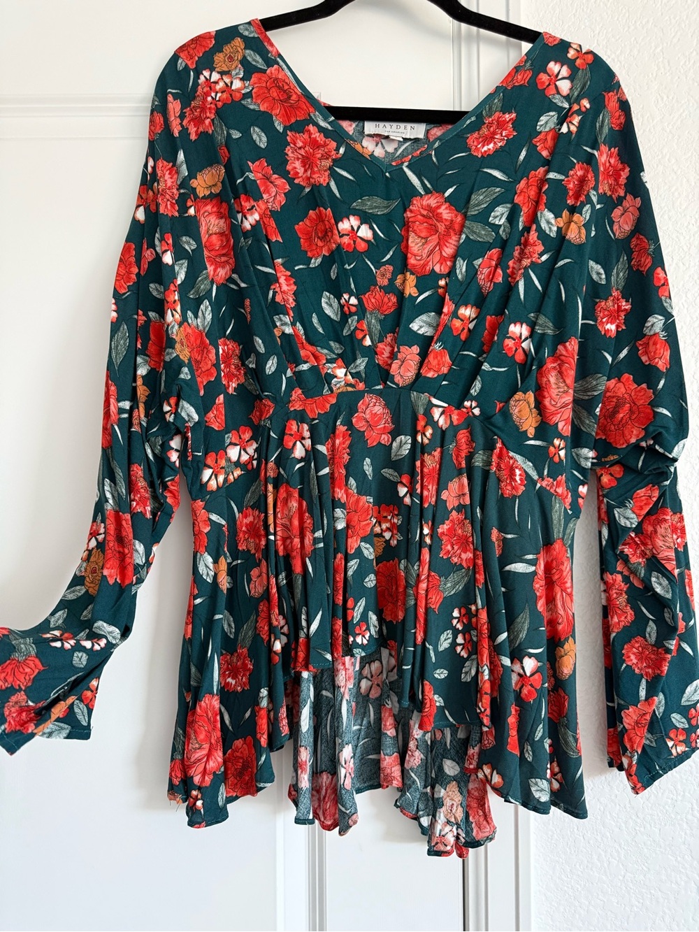 Hayden Los Angeles Floral Peplum Blouse, Dark Teal with red print, V-neck, Small